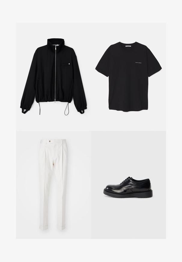 Giacca nera con zip e colletto alto, polsini elasticizzati e orlo con cordoncino. Presenta una piccola tasca frontale e una superficie del tessuto liscia.; T-shirt in cotone nero con collo rotondo, maniche corte e stampa bianca del logo sul lato sinistro del petto. Design semplice e monocromatico.; Pantaloni bianchi su misura con frontale liscio, due plissettature e risvolti. Realizzati in un tessuto morbido con chiusura a bottone in vita.; Scarpa in pelle nera con lacci, punta arrotondata, superficie liscia e suola in gomma spessa con sottili scanalature per una migliore aderenza.