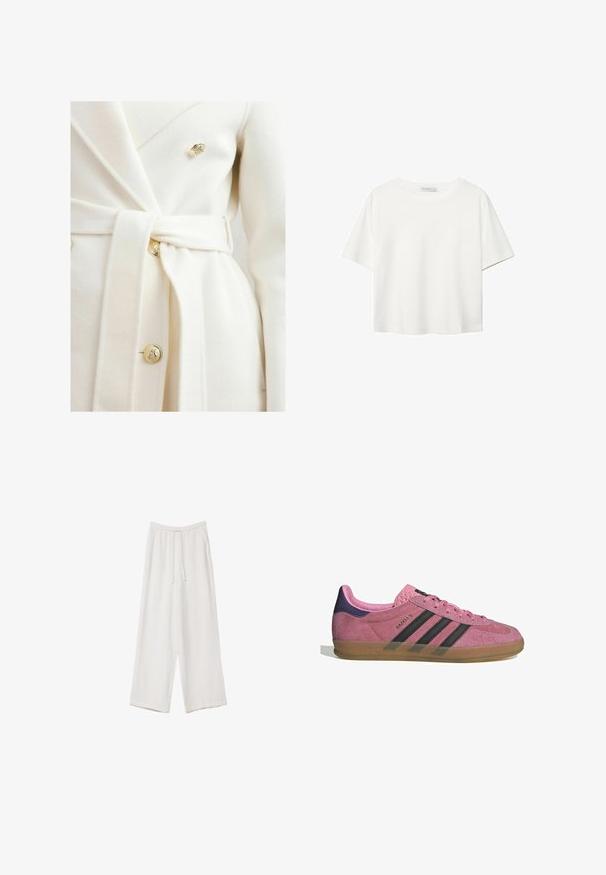 Biely kabát z vlnenej zmesi s obliekaným dizajnom, ktorý má viazaný pás, zlaté gombíky a mäkkú textúru.; Biela krátkopsová tričko vyrobené z bavlny. Má okrúhly výstrih a voľný strih. Hladká textúra bez viditeľných vzorov alebo akcentov.; Biele široké nohavice vyrobené z ľahkej tkaniny. Obsahujú elastický pás so sťahovacou šnúrkou a bočné vrecká. Hladká textúra.; Rúžové semišové tenisky s čiernymi pruhmi, gumovou podrážkou a textúrovaným fialovým podpätkom. Obsahujú šnurovací dizajn a embosované logo na strane.