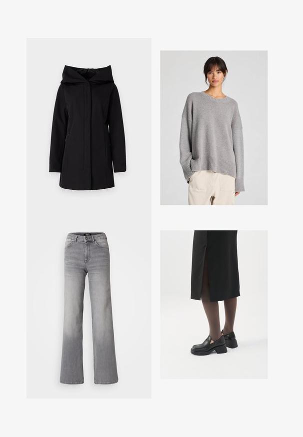 Black waterproof coat with a large hood, front zipper, and side pockets. Features a smooth texture and a minimalistic design.; Grey knitted sweater with a relaxed fit, round neckline, ribbed cuffs, and hem. Soft texture with a subtle knit pattern. Paired with light trousers.; High-waisted straight-leg gray denim jeans with front button and zipper, front and back pockets, and faded shading on thighs and calves.; Black leather shoes with a rounded toe, thick block heel, and elastic side accents, paired with dark tights and a black skirt with a slit.