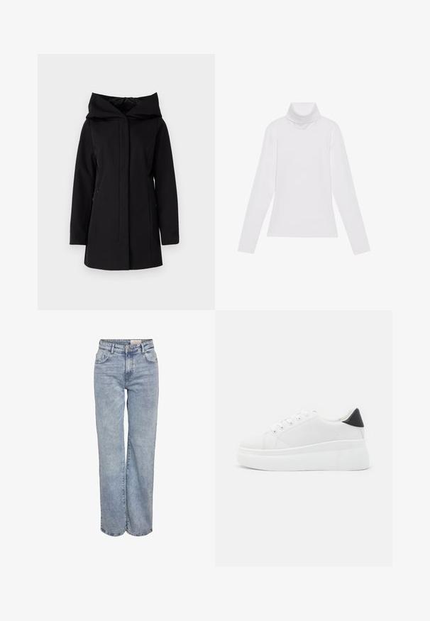 Manteau imperméable noir avec une grande capuche, une fermeture éclair à l'avant et des poches latérales. Présente une texture lisse et un design minimaliste.; Haut à col roulé à manches longues blanc, fabriqué en tissu lisse et extensible. Il présente un col haut et une coupe ajustée, sans motifs ni embellissements visibles.; Jeans larges bleu clair en denim, dotés d'une taille haute, d'un design à cinq poches et d'un léger dégradé pour un aspect usé.; Baskets plates blanches en matériau synthétique lisse, avec un bout arrondi, un design à lacets et une semelle en caoutchouc texturé. Accent de talon noir.