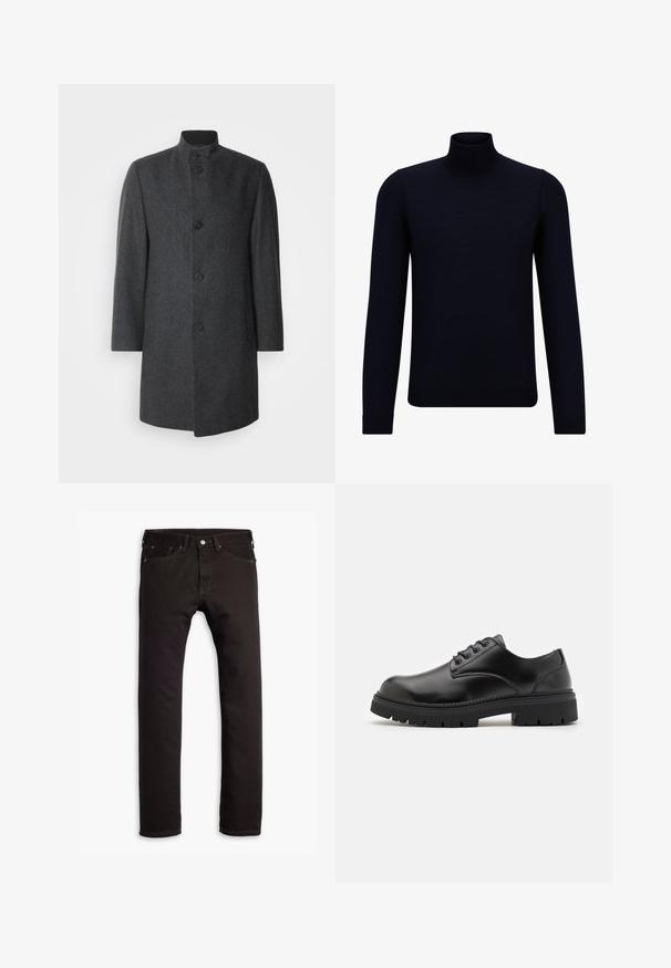 Tumši pelēkā vilnas mētelis ar stāvošu apkakli, pieciem pogām un sānu kabatām; ar kārtojuma rakstu un taisnu griezumu.; Tumši jūraspina džemperis, izgatavots no smalkas adītas auduma, ar garām piedurknēm un pieguļošu, augstu apkakli. Nav redzamu rakstu vai akcentu.; Melni šaurie džinsi ar piecām kabatām un pogu aizdari, izlikti uz balta fona.; Melnas ādas kurpes ar noapaļotu purngalu, mezglu dizainu un biezu, strukturētu gumijas zoli. Satur šuvju detaļas gar malu un gludu apdari.