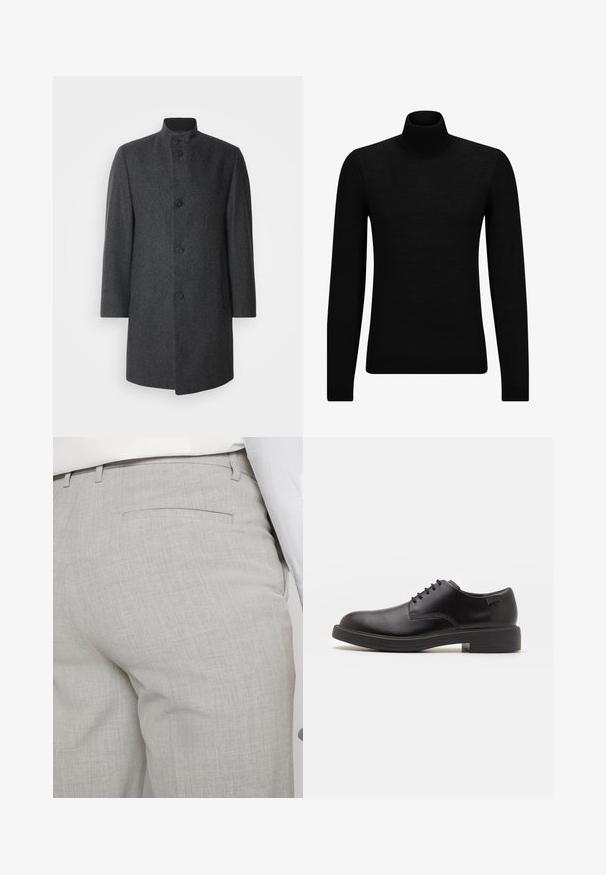 Tumši pelēkā vilnas mētelis ar stāvošu apkakli, pieciem pogām un sānu kabatām; ar kārtojuma rakstu un taisnu griezumu.; Melnā augstā kakla džemperis, kas izgatavots no mīksta materiāla, ar garām piedurknēm un pieguļušu piegriezumu. Ribota apdare ap apakšu un piedurknēm. Vienkāršs dizains.; Gaiši pelēkas pielāgotas bikses no teksturēta auduma, ar vienu aizmugurējo kabatu un tīru šuvju apdari.; Melna āda sašūta kurpe ar noapaļotu purngalu, gludu tekstūru, minimālu šuvju skaitu un zemu gumijas papēdi. Logo uz papēža.