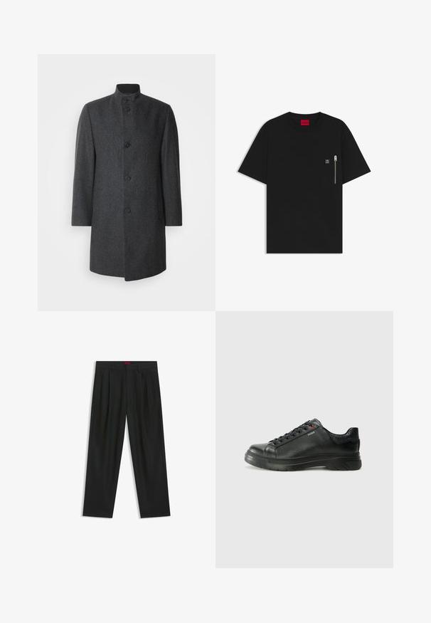 Dark gray wool coat with a stand-up collar, five buttons, and side pockets; features a herringbone pattern and a straight cut design.; Black T-shirt made of cotton, featuring a round neck, short sleeves, and a chest pocket with a silver zipper detail. Small logo on pocket.; Black trousers with a pleated design, wide leg shape, and a smooth texture. Features a red waistband tag.; Black leather sneaker with textured upper, padded collar, and red logo detail. Features a thick rubber sole with distinct tread pattern.