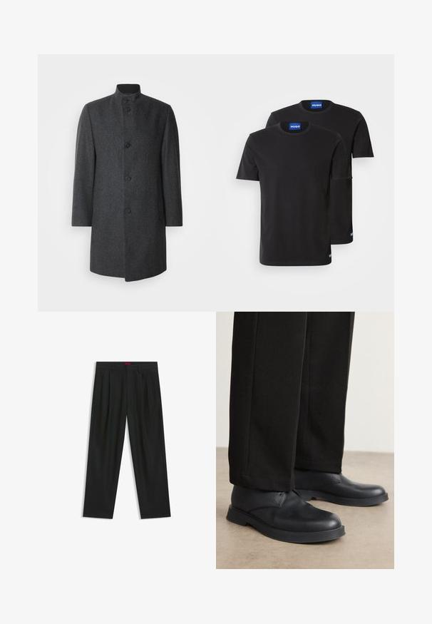 Donkergrijze wollen jas met een staande kraag, vijf knopen en zijzakken; heeft een visgraatpatroon en een rechte snit.; Twee zwarte katoenen T-shirts met ronde hals, korte mouwen en blauwe "HUGO" labels op de kragen en zijsplitten.; Zwarte broek met een geplooid ontwerp, wijde pijpen en een zachte textuur. Voorzien van een rode taillebandlabel.; Zwarte lederen schoenen met een ronde neus, platte zool en minimale details. Gecombineerd met stijlvolle zwarte broek, die een gladde textuur laat zien.