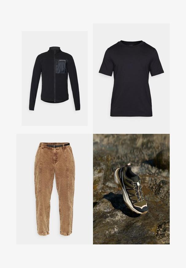 Čierna fleecová bunda na zips s hladkým, lesklým čiernym vreckom na prsiach, bočnými vreckami a vysokým golierom. Mäkká textúra po celom obvode.; Čierne tričko z hladkej tkaniny, s okrúhlym výstrihom a krátkymi rukávmi. Discretné logo potlačené čiernou farbou na hrudi.; Hnedé kordové nohavice s textúrovaným povrchom, vybavené čiernym nastaviteľným opaskom, bočnými vreckami a voľným strihom. Nohavice sa zužujú smerom k členkom.; Turistická obuv v olivovo zelenej a čiernej farbe s ružovými akcentmi. Má textúrovaný zvršok, flexibilnú podrážku, vystuženú špičku a farebný systém šnurovania.
