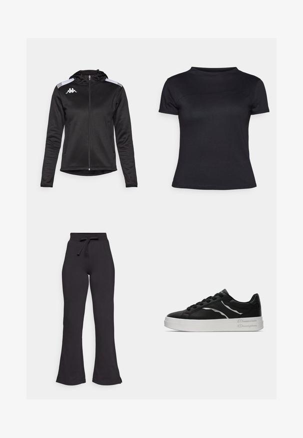 Crna sportska jakna sa patentnim zatvaračem sprijeda, kapuljačom i bočnim džepovima. Ima bijele pruge na ramenima i logotip na prsima. Glatka tekstura.; Crna majica kratkih rukava izrađena od mješavine pamuka, s okruglim izrezom i glatkom teksturom, bez vidljivih logotipa ili uzoraka.; Crne široke trenirke od mekog materijala, s elastičnom trakom za vezanje u struku i glatkom teksturom. Dizajnirane za udobnost i lakoću nošenja.; Crne kožne tenisice s bijelim potplatom, s tankim srebrnim naglascima i dizajnom s vezicama. Glatka tekstura s brendiranim detaljem na peti.