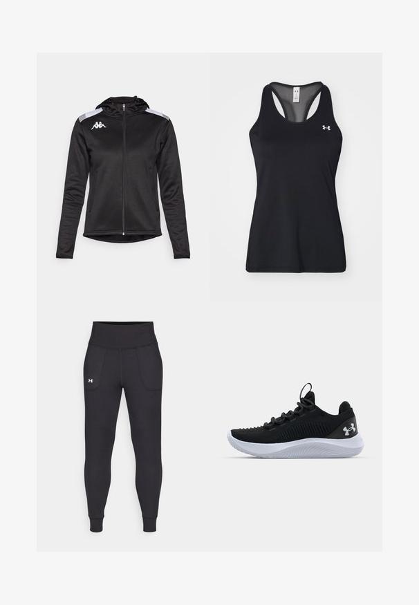 Casaco desportivo preto com fecho na frente, capuz e bolsos laterais. Apresenta riscas brancas nos ombros e um logótipo no peito. Textura suave.; Camisola desportiva preta de alças, com um tecido texturizado, design às costas tipo corredor e um discreto detalhe do logotipo no peito. Material leve e respirável.; Leggings atléticos pretos, feitos de material elástico, com uma cintura alta, bolsos laterais e punhos ajustados no tornozelo.; Sapatos desportivos pretos com um upper em malha respirável, detalhes texturizados e uma sola de borracha branca. Apresenta atacadores planos e uma alça no calcanhar.