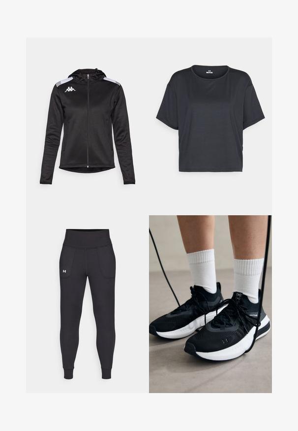 Svart sportjacka med dragkedja framtill, huva och sidofickor. Har vita axelränder och en logo på bröstet. Slät textur.; Svart kortärmad cropped t-shirt med rund halsringning och mjuk, slät tygkänsla. Inga synliga mönster eller metalldelar.; Svarta träningsleggings i elastiskt material, med hög midja, sidofickor och åtsittande manschetter vid ankeln.; Svarta sportskor med texturerat tyg, vit sula och svarta snören. Bärs med vita reglerade strumpor, stående på en ljus yta.