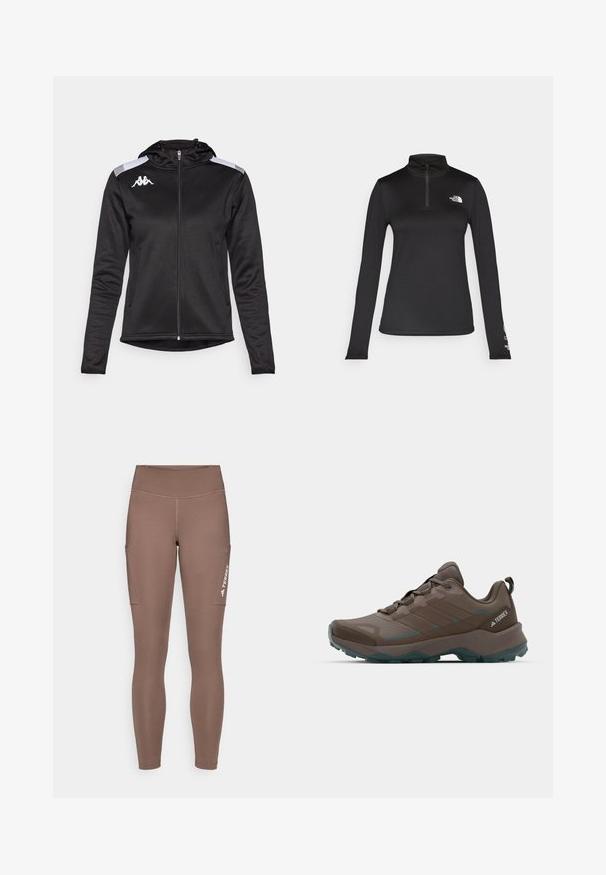 Sort sportjakke med lynlås foran, hætte og sidelommer. Har hvide skulderstriber og et logo på brystet. Glat tekstur.; The North Face FLEX 1/4 ZIP GRAPHIC - Langærmet T-shirt - black; Brune atletiske leggings med høj talje, der har sidelommer og et hvidt logo. Glat, strækbart stof for komfort og bevægelighed.; Grå og teal vandresko med mesh-paneler, tekstureret overdel og robust gummisål. Har polstret tunge og snørebåndsdesign.