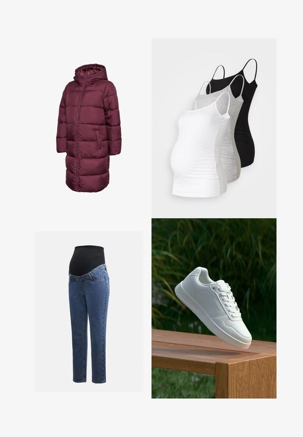 Kaštanově hnědý prošívaný kabát s kapucí, s dlouhým střihem, zipovým zapínáním a dvěma bočními kapsami. Hladká, prošívaná textura po celém povrchu.; Tři těhotenské tílka v bílé, šedé a černé barvě. Elastická látka s nastavitelnými ramínky a nařasenými bočními švy pro pohodlí.; Těhotenské džíny s modrými denimovými nohavicemi a černým elastickým břišním panelem navrženým tak, aby podporoval a zakrýval rostoucí bříško.; Bílé tenisky s hladkým syntetickým svrškem, perforovanou špičkou, plochými tkaničkami a texturovanou podrážkou, vystavené na dřevěném povrchu.
