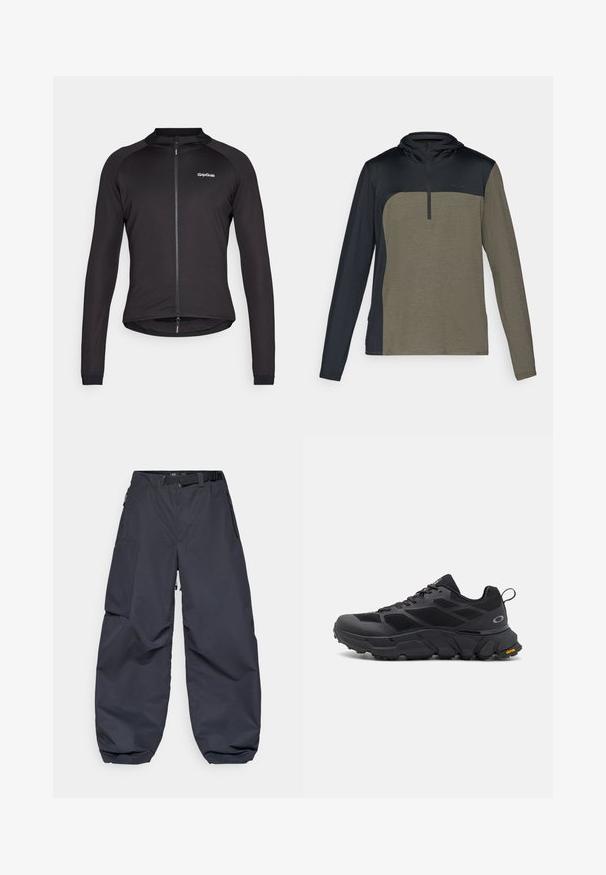 Čierna cyklistická bunda vyrobená z elastického materiálu, so zapínaním na zips po celej dĺžke, dlhými rukávmi a logom GripGrab na hrudi. Hladká textúra.; Mikina s dlhým rukávom a polovičným zipsom, ktorá má hornú časť v tmavom námorníckom prevedení a spodnú časť vo farbe khaki, vyrobená z textúrovanej, priedušnej látky.; Tmavošedé cargo nohavice vyrobené z mäkkého, odolného materiálu. Majú široký, voľný strih, viacero vreciek a opasok na prispôsobenie.; Čierne atletické topánky s mohutnou podrážkou, vrchnou časťou z textilu a syntetiky, textúrovanými akcentmi a značkou Vibram na podrážke.