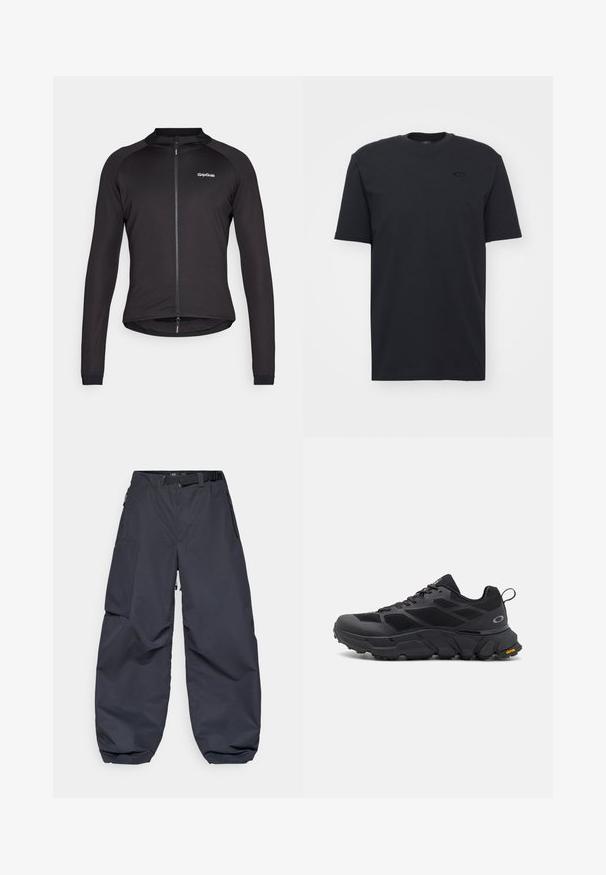 Svart sykkeljakke laget av elastisk stoff, med full glidelås, lange ermer og GripGrab-logo på brystet. Glatt tekstur.; Svart bomulls t-skjorte med korte ermer og rund hals, med en subtil logo-akse på brystet og en avslappet passform.; Mørkegrå cargo bukser laget av et mykt, slitesterkt materiale. De har en bred, løs passform, flere lommer og et belte i midjen for justering.; Svarte sportssko med en kraftig såle, mesh- og syntetisk overdel, teksturerte detaljer og Vibram-merket på sålen.