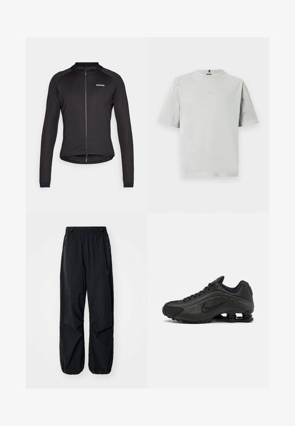 Jaqueta de ciclismo preta feita de tecido elástico, com fecho de correr completo, mangas longas e logótipo GripGrab no peito. Textura suave.; T-shirt de algodão cinza claro, de mangas curtas, com um pequeno logo oval centrado no peito e decote redondo.; Calças cargo leves e pretas com uma cintura elástica, zíperes laterais e bolsos espaçosos. Apresentam um corte solto e bainhas ajustadas.; Ténis de corrida pretos com um upper sintético suave, acentos perfurados, painéis laterais texturizados e uma sola distinta e elástica.