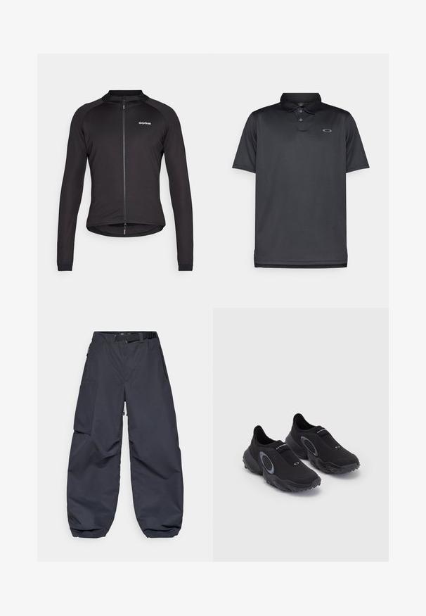 Black cycling jacket made of stretch fabric, featuring a full zipper, long sleeves, and GripGrab logo on the chest. Smooth texture.; Black polo shirt made of smooth fabric, featuring a collar, three buttons, short sleeves, and a small gray logo on the left chest.; Dark gray cargo pants made of a soft, durable material. They feature a wide, loose fit, multiple pockets, and a waist belt for adjustment.; Black slip-on sneakers with a textured upper and rubber sole. Features a grey circular accent and elastic band across the instep for fit.