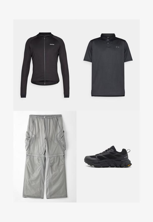 Musta pyöräilytakki, joka on valmistettu joustavasta kankaasta. Takissa on täysi vetoketju, pitkät hihat ja GripGrab-logo rintapielessä. Sujuva pinta.; Musta poolopaita, joka on valmistettu sileästä kankaasta, jossa on kaulus, kolme nappia, lyhyet hihat ja pieni harmaa logo vasemmassa rinnassa.; Hailakka harmaa, hengittävä kangashousut, joissa on joustava vyötärö, sivutaskut ja kontrastivärinen harmaa kaitale saumoissa. Laiska istuvuus.; Mustat urheilukengät, joissa on paksu pohja, verkkotakki ja synteettinen päällinen, teksturoituja yksityiskohtia ja Vibram-logot pohjassa.