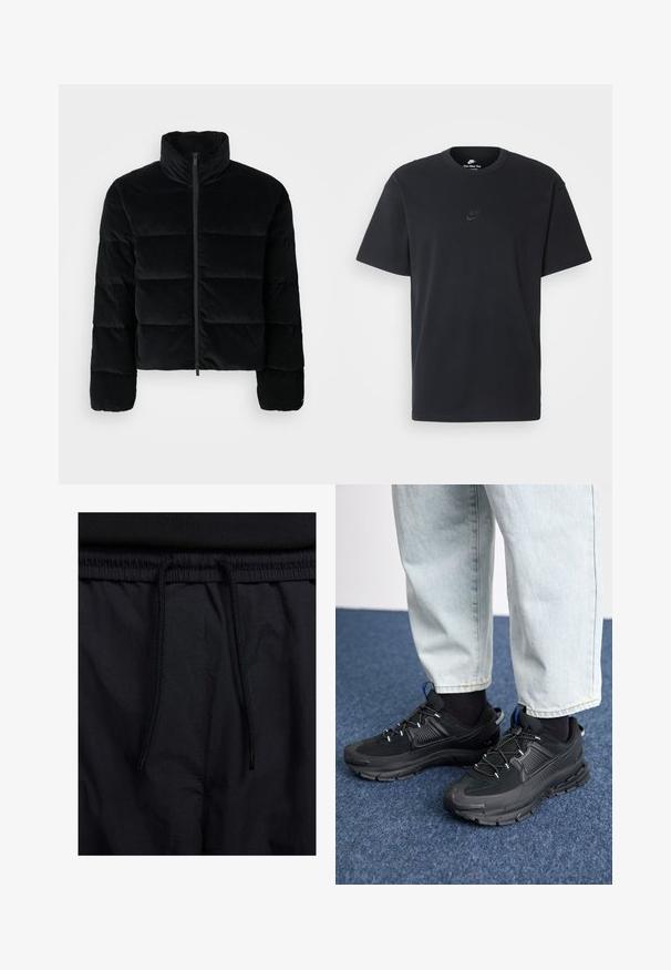 Černá kordurová pufovaná bunda s vysokým límcem a předním zipem. Obsahuje quiltované části pro izolaci a dlouhé rukávy.; Černé bavlněné tričko Nike s klasickým kulatým výstřihem, krátkými rukávy a decentně vyraženým logem na hrudi. Hladký povrch.; Černé šortky s páskem na šňůrku, lehký materiál s hladkou texturou a jednoduchý design bez viditelných log nebo vzorů.; Černé sportovní boty s texturovanou tkaninou a gumovou podrážkou, s elastickými tkaničkami a modrým akcentem na patě. Nosí se s světlými džíny.