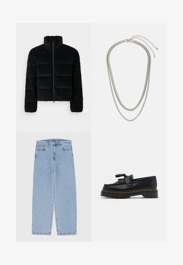 Giacca puffer in corduroy nera con colletto alto e zip frontale. Presenta sezioni trapuntate per l'isolamento e maniche lunghe.; Maglietta del FC Barcelona con strisce verticali blu e rosse, logo Nike e grafica Spotify al centro. Realizzata in tessuto traspirante.; Jeans in denim azzurro chiaro con design a gamba dritta, caratterizzati da una vita media, cinque tasche e chiusura con bottone e zip.; Mocassino in pelle nera con un'accento a frange, dotato di una suola nera spessa e cuciture gialle lungo il bordo. Finitura testurizzata.; Collana in metallo argentato a tre strati caratterizzata da catene sottili e flessibili con una leggera lucentezza, fissata con un gancio a molla e una catena regolabile.