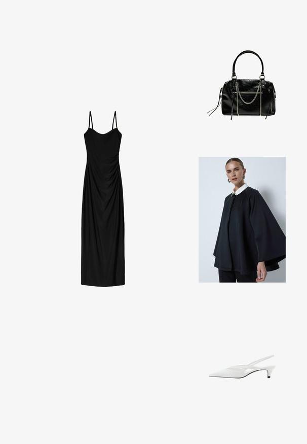 Cloak negru cu guler alb, cu un decolteu înalt și o textură fină. Designul este lejer, cu mâneci largi.; Rochie midi neagră cu bretele subțiri ajustabile, având un design drapat și o textură netedă. Fără modele vizibile sau aplicații.; Sandale albe cu toc slingback și vârf ascuțit, având un upper neted, decupaje subtile și un toc bloc mic. Talpa neagră accentuează designul.; Bershka WITH CHAIN - Geantă de mână - black