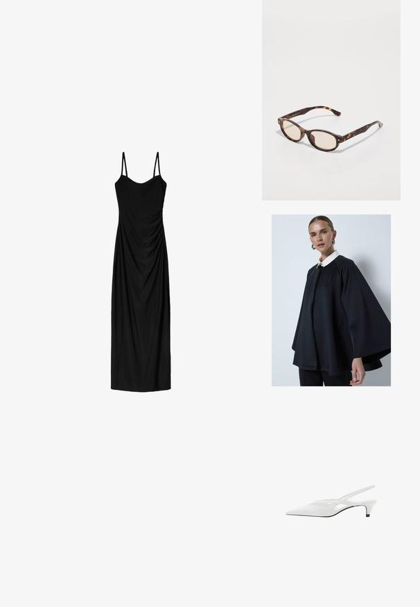 Czarny płaszcz z białym kołnierzem, o wysokiej szyi i gładkiej fakturze. Design jest luźny, z szerokimi rękawami.; Czarna midi sukienka z cienkimi regulowanymi ramiączkami, z drapowaną formą i gładką teksturą. Brak widocznych wzorów lub ozdób.; Biała szpilka na odkrytej pięcie z ostrym noskiem, charakteryzująca się gładką cholewką, subtelnymi wycięciami i niskim obcasem w kształcie bloku. Czarna podeszwa podkreśla design.; Okulary przeciwsłoneczne w kolorze tortoiseshell o okrągłym kształcie i jasnych soczewkach. Posiadają mocne zauszniki z małymi złotymi akcentami, wykonane z materiału plastikowego.; Czarna torebka z imitacji krokodyla z zaokrąglonym kształtem, krótkim uchwytem, metalowym okuciem i ozdobnym srebrnym akcentem.