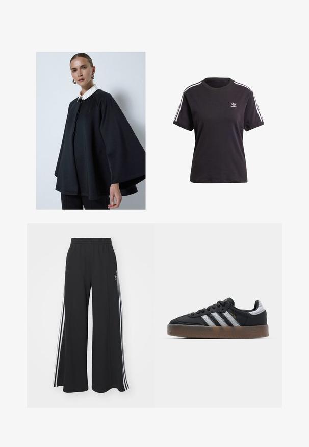 Mustmustega, valge kraega, millel on kõrge kaelus ja sile tekstuur. Disain on lõdvalt istuv laiemate varrukatega.; Must kõrge kaelusega must puuvillane T-särk lühikeste varrukatega, millel on valged triibud õlgadel ja väike valge Adidas'i logo rinna peal.; Mustad laiad trenni püksid elastse vöökohtaga, millel on valged küljeribad ja tikitud logo vasakul reiel.; Mustad mustad tossud, millel on peen disain, kolme valge triibuga, must keel ja tekstureeritud pruun kummist sisetald. Kuldsed kirjatrükise aktsendid.