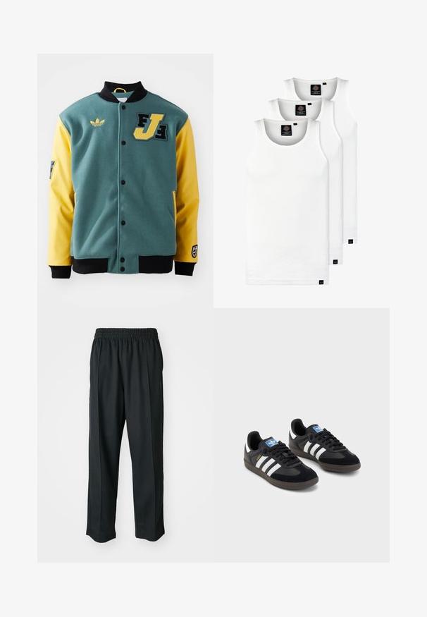 Zeleno-žlutá univerzitní bunda s černým límcem a manžetami, předními zapínacími knoflíky, logem Adidas a nášivkou FJ na hrudi.; Tři bílé žebrované tílka vyrobené z bavlny. Mají kulatý výstřih a malé černé štítky poblíž lemu. Dostupné v několika velikostech.; Černé sportovní kalhoty s elastickým pasem, vyrobené z hladké látky, s jemným bočním švem a pohodlným střihem, rovný střih nohavic.; Černé tenisky s vrškem z semiše a syntetického materiálu, s třemi bílými pruhy, texturovanou gumovou podrážkou a modrou nášivkou loga na jazyku.