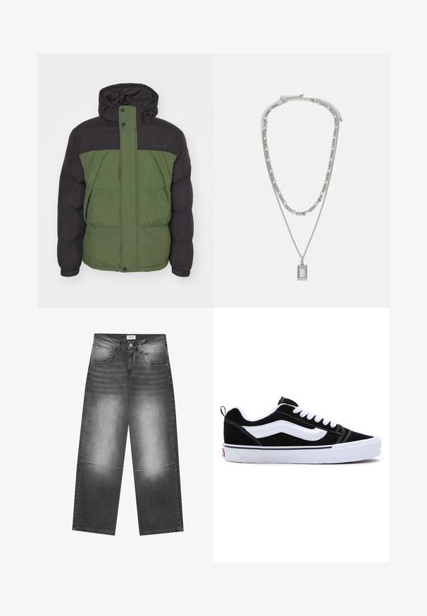 Tömött dzseki, fekete felső résszel és zöld alsó résszel, textúrált anyagból készült, kapucnival és teljes elülső cipzárral.; Fekete, hosszú ujjú póló, pamutból készült, kerek nyakkivágással és egyenes fazonnal, az ujján egy kis logó részlettel.; Széles lábú fekete farmernadrág enyhén szürkés, fakó befejezéssel, elülső zsebekkel, gombos záródással és enyhe kopásokkal a térdeken.; Fekete velúr sportcipők fehér díszítéssel, alacsony szárú kialakítással, fűzős rögzítéssel és vastag fehér gumi talppal. Márkájának logója a sarokrészen.; Ezüst nyaklánc, amely két rétegű láncból áll; jellemzője egy sima felületű, téglalap alakú medál, amely csillogó fémes bevonattal rendelkezik.