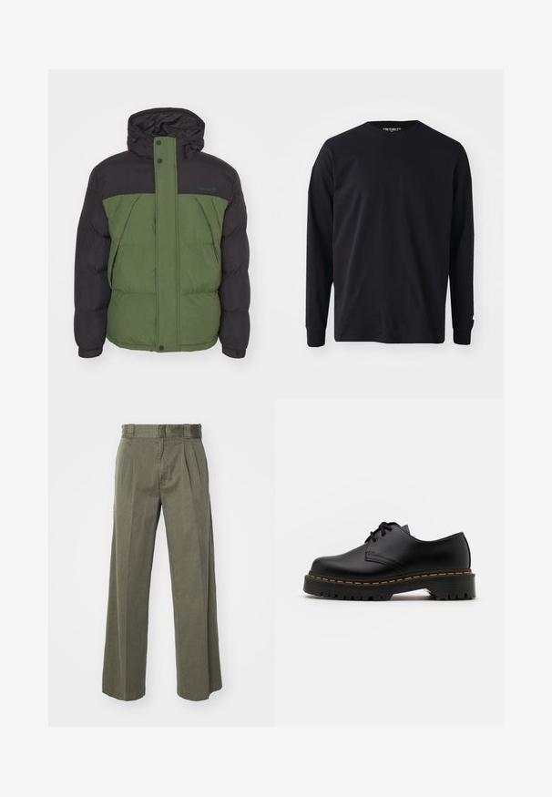 Nafukovacia bunda s čiernou hornou časťou a zelenou spodnou časťou, vyrobená z textúrovanej tkaniny, s kapucňou a plným predným zipsom.; Čierne tričko s dlhým rukávom vyrobené z bavlny, s okrúhlym výstrihom a rovnými strihom, s malým logom na rukáve.; Olivové nohavice s voľným, širokým strihom a prednými záhybmi. Vyrobené z textúrovanej tkaniny so štandardným pásom a bez viditeľných prackov.; Čierna kožená šnurovacia topánka s okrúhlou špičkou, štruktúrovanou gumovou podrážkou a žltým prešitím okolo základne. Plný dizajn a hladký povrch.