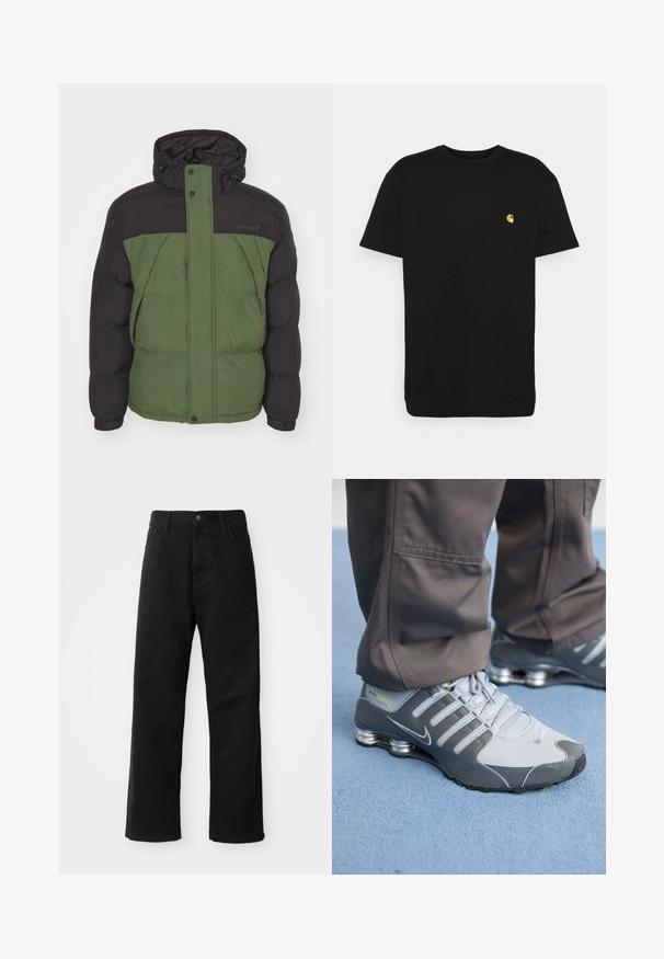 Puchowa kurtka z czarną górą i zieloną dolną częścią, wykonana z teksturowanej tkaniny, z kapturem i pełnym zapięciem na zamek błyskawiczny z przodu.; Czarna bawełniana koszulka z krótkim rękawem, okrągłym dekoltem i małym żółtym logo na lewej piersi. Prosty design i regularny krój.; Czarne dżinsy o prostym kroju, z przednimi kieszeniami, zamkiem błyskawicznym i pojedynczym guzikem z przodu. Teksturowana tkanina o matowym wykończeniu.; Szare i srebrne sneakersy Nike Shox cechują się eleganckim designem, z siateczkowymi i syntetycznymi materiałami, zaokrąglonym noskiem oraz wyściełanym kołnierzem.