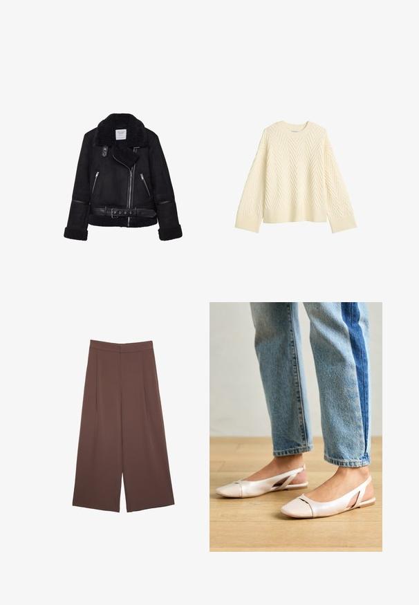 Černá umělá sukně s límcem z ovčí vlny, zipovým předním zapínáním a bočními kapsami. Obsahuje černé kožené detaily a opasek v pase.; Krémový pletený svetr s texturovaným vzorem rybí kosti, kulatým výstřihem a žebrovanými manžetami a lemem. Klasický volný střih s mírně spuštěnými rameny.; Hnědé široké kalhoty s hladkou texturou, vysokým pasem a předními záhyby. Materiál je lehký a volně splývá.; Světle růžové slingback baleríny s špičatou špičkou, vyrobené z hladkého koženému materiálu. Obsahují vystřihovací detaily po stranách a plochý podpatek.
