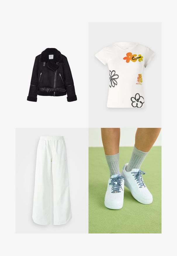 Črna jakna iz umetnega semiša s krznom na ovratniku, z zadrgo spredaj in stranskimi žepi. Ima črne usnjene detajle in pas za zavezovanje.; Bela kratka majica s kratkimi rokavi, ki vsebuje barvite cvetlične vzorce v oranžni, rumeni in črni barvi. Narejena iz mehke mešanice bombaža z V-izrezom.; Bela športna hlače širokega kroja z rebrastim pasom in diskretno logotipno podrobnostjo. Gladek material z sproščenim krojem in zoženim robom.; Bela usnjena športna obutev z modrimi poudarki, perforiranim dizajnom na prstih in teksturiranimi modro-belimi vezalkami, obuta z sivimi rebrastimi nogavicami.