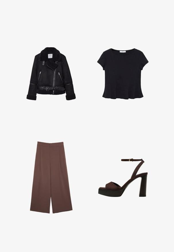 Černá umělá sukně s límcem z ovčí vlny, zipovým předním zapínáním a bočními kapsami. Obsahuje černé kožené detaily a opasek v pase.; Černý tričko s krátkým rukávem vyrobené z měkké tkaniny, s kulatým výstřihem a rozšířeným lemem s jemným švem.; Hnědé široké kalhoty s hladkou texturou, vysokým pasem a předními záhyby. Materiál je lehký a volně splývá.; Hnědé semišové sandály na vysokém podpatku s otevřenou špičkou, nastavitelným páskem kolem kotníku a proužkovou platformou.