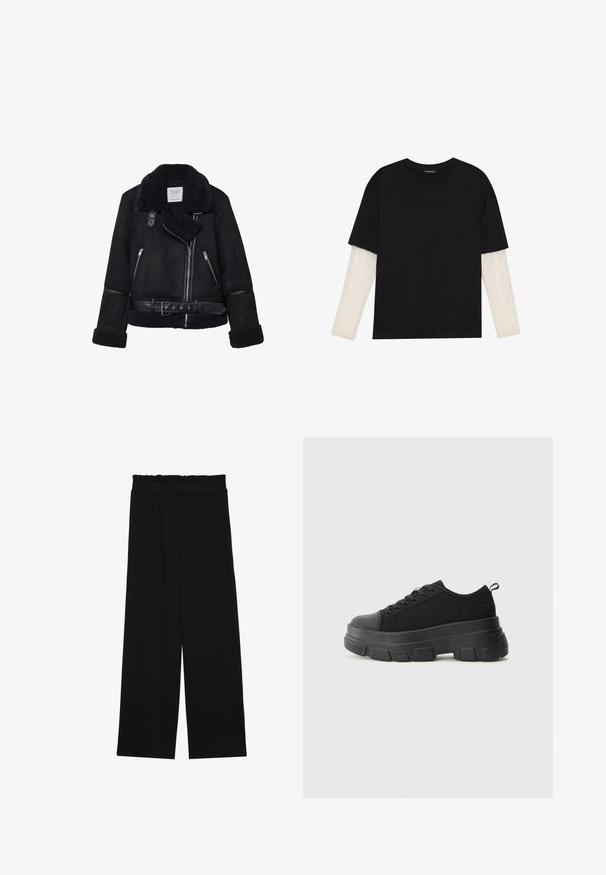 Giacca in finta suede nera con colletto in shearling, chiusura frontale con zip e tasche laterali. Presenta dettagli in pelle nera e vita con cintura.; T-shirt nera in cotone con maniche corte sopra un sotto manica lunga bianca, caratterizzata da una sottile texture. Design con scollo rotondo.; Pantaloni neri a gamba larga con cintura arricciata, dotati di due tasche laterali e un tessuto liscio e leggero. Nessun motivo visibile o parti metalliche.; Sneaker nere con suola in gomma spessa, superiore in tessuto testurizzato, punta rotonda e design con lacci. Presenta occhielli rinforzati e linguetta sul retro.