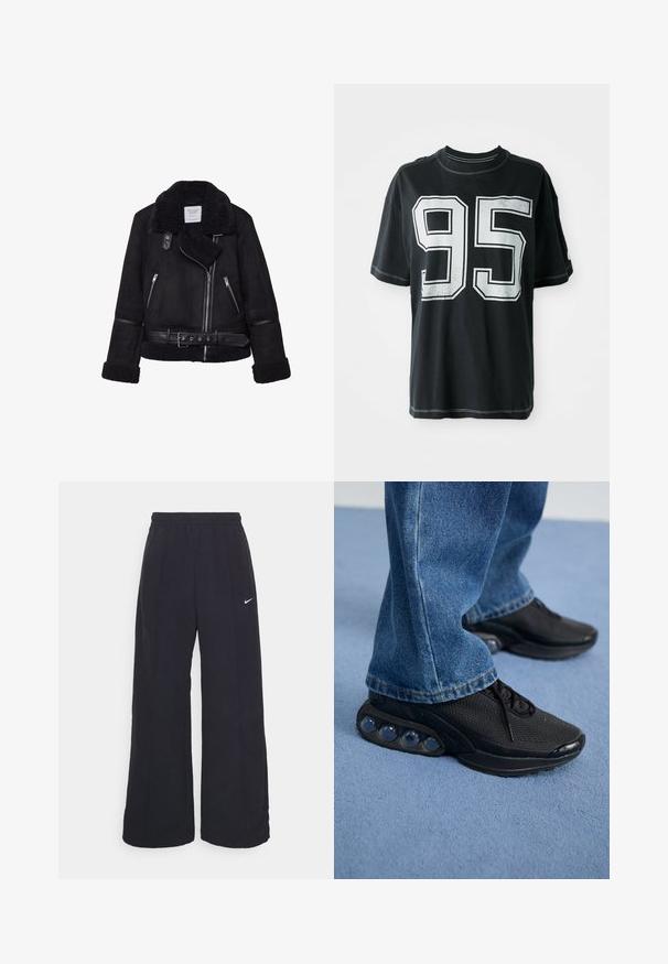 Giacca in finta suede nera con colletto in shearling, chiusura frontale con zip e tasche laterali. Presenta dettagli in pelle nera e vita con cintura.; T-shirt di cotone nero con maniche corte, caratterizzata da un numero "95" stampato in bianco sul davanti e cuciture a contrasto lungo i bordi.; Pantaloni neri a gamba larga con cintura elastica e un piccolo logo Nike bianco. Il tessuto ha una texture liscia, progettata per il comfort e l'abbigliamento casual.; Scarpe da ginnastica nere con tomaia in rete, dettagli testurizzati e pod di ammortizzazione visibili nella suola. Indossate con jeans in denim blu.