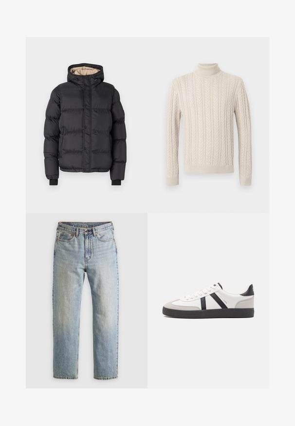 Svart boblejakke med hette, glidelås og trykknapplukking, ribbede mansjetter og en kontrasterende beigefôr.; Beige, strikket genser med høy, ribbestrikket turtleneck. Har et strukturert mønster med kabel og ribbestrikkede mansjetter og kant, som gir et koselig utseende.; Lys blå denim jeans med høy midje, frontknapp, glidelås og fem-lommers design, lagt flatt på en nøytral bakgrunn.; Hvite sneakers med svarte og grå detaljer, med en teksturert grå tåhette, svart gummisåle, og flate hvite lisser. Rent design, minimalistisk stil.