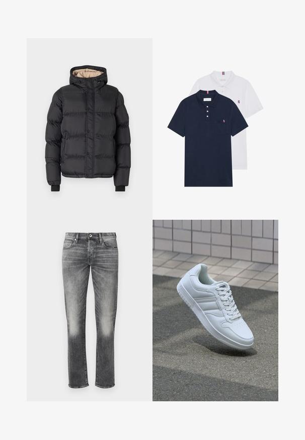 Jachetă puffer neagră, cu glugă, închidere cu fermoar și capse, mansete ribbate și căptușeală bej în contrast.; Două tricouri polo: unul albastru navy și unul alb, ambele având un mic accent roșu, alb și albastru pe buzunarul de la piept și guler.; Jeanși gri din denim cu un design drept, prezentând o ușoară decolorare, cinci buzunare și un sistem de închidere cu nasture. Material texturat cu cusături minime.; Adidași albi pentru sport cu superior din piele netedă, sistem de șireturi în față, vârf perforat și talpă cu model. Design minimalist cu trei dungi laterale.
