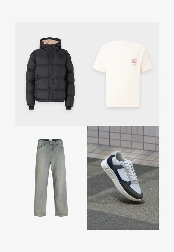 Čierna bombera s kapucňou, zipsom a zapínaním na patentku, rebrovými manžetami a kontrastným béžovým podšívaním.; Biele tričko s krátkym rukávom s červeným textom "Studio Originals Edition" na ľavej hrudi, zobrazené na neutrálnom šedom pozadí.; Svetlošedé džíny vo voľnom strihu vyrobené z denimu. Obsahujú klasický dizajn s piatimi vreckami, pútka na opasok a strih rovného nohavice.; Biele, námornícke a šedé tenisky s kombinovaným materiálom, so štruktúrovaným zvrškom, plochými šnúrkami a polstrovanou podošvou.