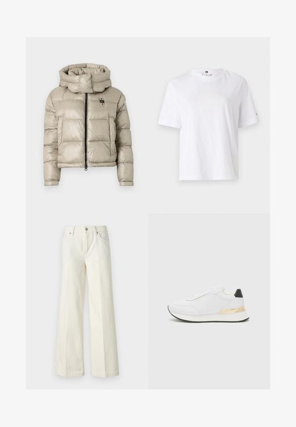Pufová bunda v svetlo béžovej farbe s vysokým golierom, predným zipsom a horizontálnym prešívaním; na hrudi má malú logo.; Biely bavlnený tričko s okrúhlym výstrihom, krátkymi rukávmi a jemným žltým logom s nápisom "HILFIGER NEW YORK 1985." Štandardný strih.; Biele džínsy s širokými nohavicami vyrobené z bavlnenej zmesi. Majú zips, päť vreciek a švy so zafarbením.; Biele tenisky s hladkým povrchom, s čiernym akcentom na päte a zlatým kovovým detailom na medzipodrážke. Šnurovací dizajn, gumová podrážka.