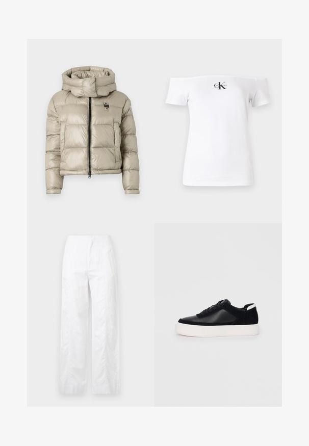 Puffer jacket in light beige with a high collar, front zipper, and horizontal quilted pattern; features a small logo on the chest.; White off-the-shoulder T-shirt, short sleeves, cotton material, features black "CK" logo and text printed on the front. Smooth texture.; White wide-leg trousers made of lightweight fabric, featuring a smooth texture, clean lines, and a high waist design.; Black sneaker with smooth leather and suede panels, flat laces, rounded toe, and a white rubber sole. Distinct logo on the heel.