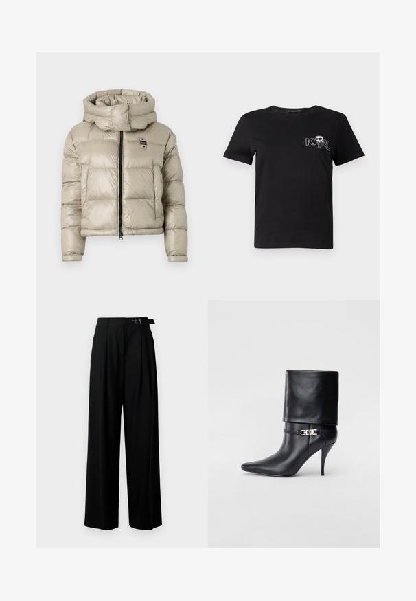 Puffer jacket in light beige with a high collar, front zipper, and horizontal quilted pattern; features a small logo on the chest.; Black short-sleeve t-shirt made of cotton. Features a white graphic with the text "KARL" and a stylized figure on the chest. Round neckline.; Black wide-leg trousers with a high waist, pleats at the front, and a belt featuring a buckle. Made from smooth, lightweight fabric.; Black leather ankle boot with a pointed toe, high stiletto heel, fold-over cuff, and a gold decorative buckle detail on the ankle.