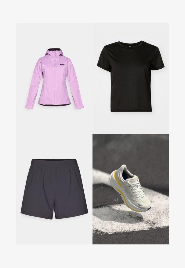 Svetlo vijolična vodoodporna jakna s kapuco, z zadrgo spredaj, nastavljivimi manšetami in črno podlogo. Ima logo na prsih.; Črna kratka majica s kratkimi rokavi, izdelana iz gladkega materiala, z okroglim izrezom in sproščenim krojem. Vključuje minimalne oblikovalske podrobnosti.; Črne športne kratke hlače iz lahkega, elastičnega materiala. Imajo elastičen pas in preprost, brez okrasja oblikovanje.; Svetlo sivi tekaški čevelj z rumenimi detajli; mrežasta zgornji del, oblazinjen podplat in subtilni modri elementi. Značilna blagovna znamka na strani.