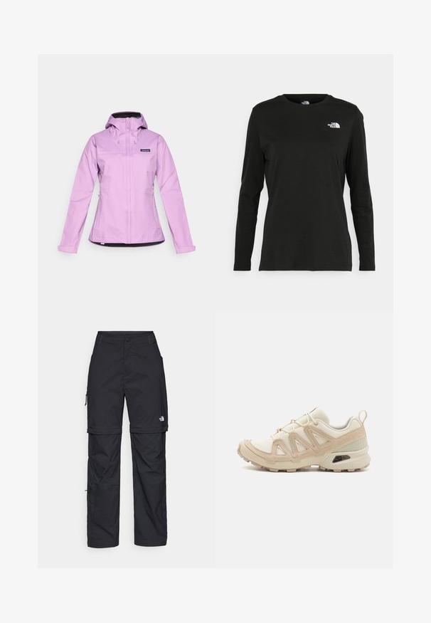 Gaiši violeta ūdensnecaurlaidīga jaka ar kapuci, ar rāvējslēdzēju priekšā, regulējamām piedurknēm un melnu iekšējo oderi. Uz krūtīm ir logo.; Melnas garām piedurknēm T-krekls, izgatavots no kokvilnas ar apaļu kaklu. Tam ir mazs balts logo kreisajā krūtīs. Vienkāršs dizains un piegulums.; Melni nailona bikses ar noņemamām kājām, regulējamiem uzmavām, vairākām kabatām un logotipu uz labās kājas. Gluda, viegla tekstūra.; Beige un krēma sporta apavi ar strukturētu tīkla virsmu, atbalstošajiem slāņiem un gumijas zoli ar protektoru rakstu, kas nodrošina saķeri.