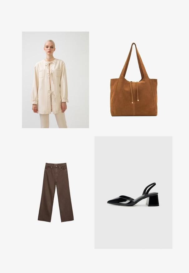 Beige pitkähihaista takkia pehmeästä kankaasta, jossa on kaksi etutaskua, solmimislukko ja rento istuvuus kerättyine hihoineen.; Ruskea puuvillapaita, jossa on lyhyet hihat ja syvä V-kaula-aukko. Yksinkertainen muotoilu, pehmeä rakenne ja suora helma. Ei kuvioita tai yksityiskohtia.; Leviittävät ruskeat farkut, jotka on valmistettu denimistä, korkea vyötärö, etutaskut ja klassinen nappikiinnitys. Silkkinen pinta hienovaraisella ompelutyöllä.; Mustat patentoitu nahkakengät, joissa on säären takaosa ja terävä kärki, sekä geometrinen palikkakorko. Sisältää tyylikkään, minimalistisen muotoilun ja sileän pinnan.; Ruskea nubuk-olkalaukku, jossa on kaksi pitkää hihnaa, naru- ja minimalinen sulkemismekanismi. Tasainen pinta ja ei näkyviä metalliosia.