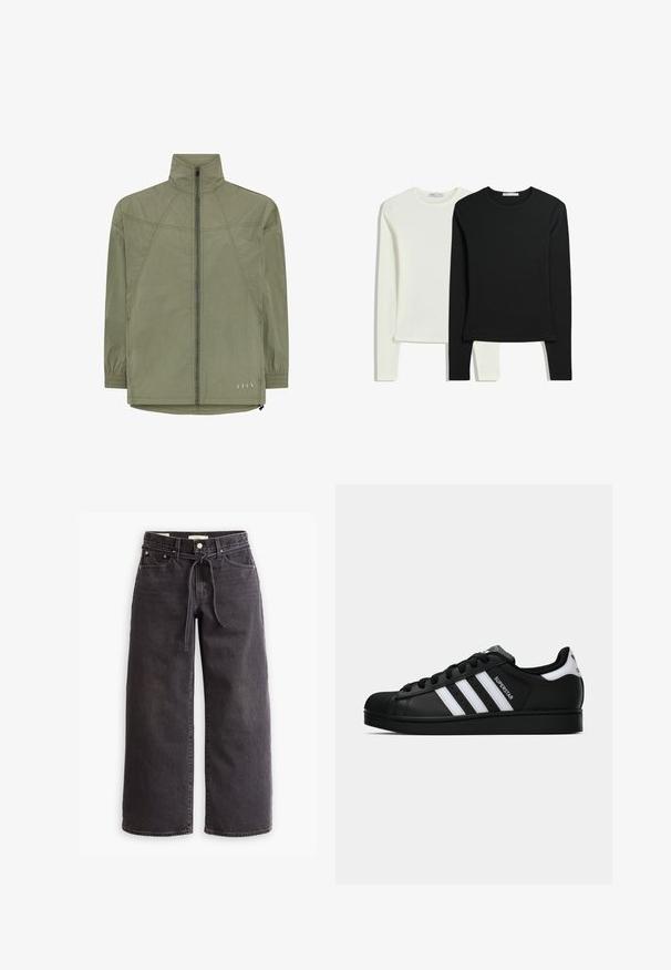 Lagani maslinasto zeleni kaput s visokim ovratnikom, prednjim zatvaračem, elastičnim manžetama i suptilnim detaljima šivanja.; Dva majice dugih rukava: jedna bijela i jedna crna. Izrađene su od glatkog materijala, s okruglim izrezima i prilagođenim krojem s ravnim rubovima.; Crne široke traperice izrađene od denima, s elastičnim pojasom na vezanje, pet džepova i detaljima kontrastnog šivanja. Dizajn s ravnim prednjim dijelom.; Crne Adidas Superstar tenisice s bijelim prugama, konusom na vrhu i natpisom "Superstar" sa strane, prikazane u bočnom profilu na bijeloj pozadini.