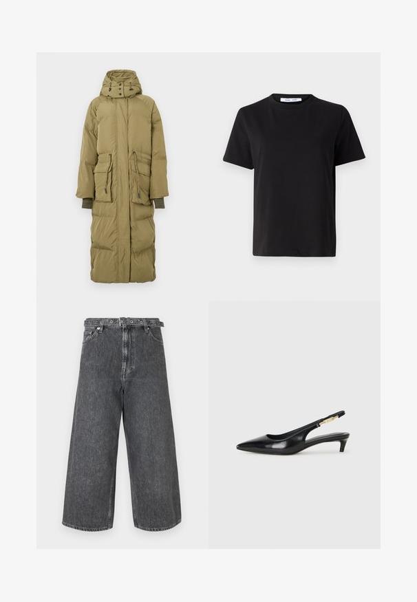 Haina groasă lungă, de culoare verde măsliniu, cu glugă, având două buzunare frontale, talie ajustabilă cu șnur și manșete ribbate. Textură netedă și design căptușit.; Tricou negru cu manșon scurt, fabricat din bumbac moale, având un guler rotund, o croială lejeră și o textură netedă. Fără modele sau grafice vizibile.; Jeans cu picioare largi din denim gri închis. Talie înaltă, cu închidere prin nasture și fermoar, cu marginile finisate și o ușoară decolorare.; Sandale slingback din piele neagră cu vârf ascuțit, având un toc subțire și un accent de culoare aurie pe curea ajustabilă. Textură netedă.