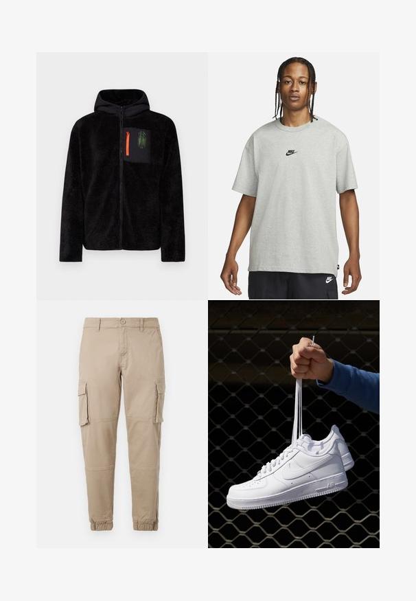 Chaqueta de forro polar negra con cremallera y capucha, que presenta un bolsillo en el pecho de tela negra con cremallera naranja y detalles gráficos en verde.; Joven con cabello trenzado que lleva una camiseta Nike gris claro y pantalones cortos Nike negros frente a un fondo blanco liso.; Pantalones cargo beige de un material de algodón ligero. Presenta puños elásticos, múltiples bolsillos laterales y un cierre de botón.; Zapatillas de cuero blanco con perforaciones, punta redonda, suela plana y cordones gruesos, con un logo de swoosh visible y "AIR" en el talón.