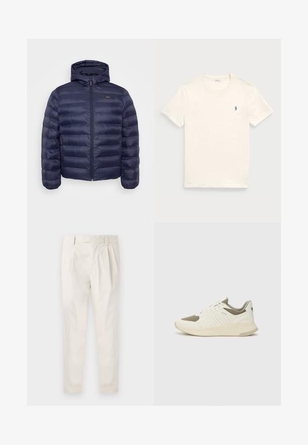 Mornarji puffer jakna z kapuco, z zadrgo spredaj, prešita zasnova in črna nalepka na prsih. Gladek, lahek material.; Kremna bombažna majica s kratkimi rokavi in okroglo ovratnikom. Ima majhen modro vezen logotip na levem prsnem delu.; Bele, plisirane hlače s krojenim prileganjem, z gladko teksturo, z zankami za pas in ožjimi hlačnicami. Brez vidnih žepov ali vzorcev.; Beli in svetlo bež športni copat, s mrežastim zgornjim delom, perforiranimi detajli in teksturirano srednjim delom z blagovno znamko na peti.