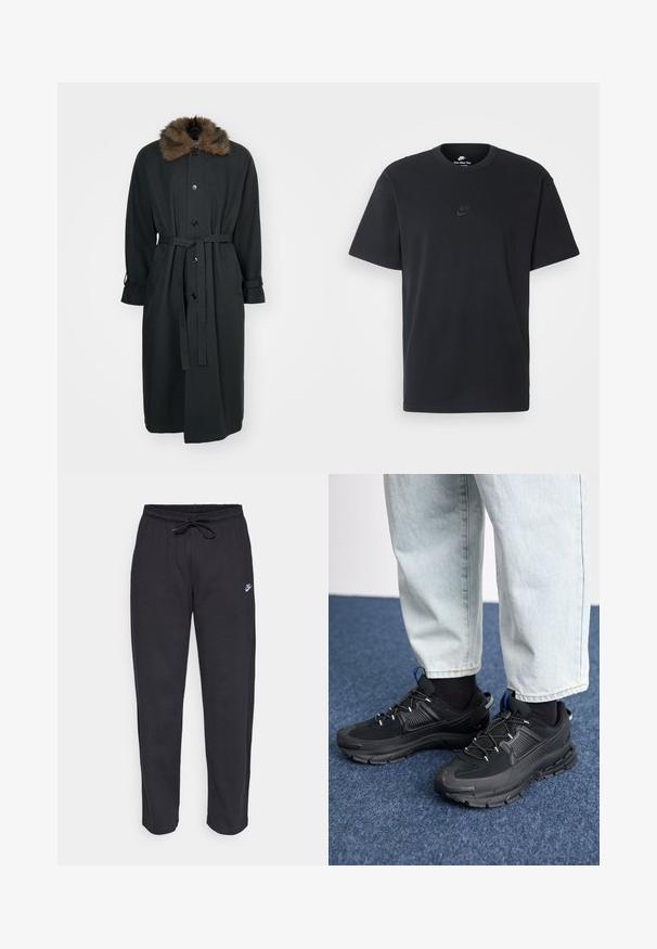 Lungo cappotto nero con colletto di pelliccia, dotato di chiusura anteriore con bottoni, vita con cintura e polsini arrotolati. Realizzato in un tessuto liscio.; T-shirt in cotone nero della Nike con collo rotondo classico, maniche corte e un logo in rilievo discreto sul petto. Texture liscia.; Pantaloni della tuta neri realizzati in tessuto morbido con vita elastica, coulisse e un piccolo logo Nike sulla coscia sinistra.; Scarpe sportive nere con tessuto testurizzato e suole in gomma, dotate di lacci elastici e un accento blu sul tallone. Indossate con pantaloni in denim chiaro.