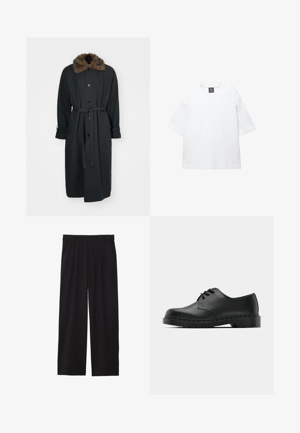 Langer schwarzer Mantel mit einem Fellkragen, Knopfverschluss vorne, tailliertem Gürtel und umgekrempelten Ärmeln. Aus einem glatten Stoff gefertigt.; Weißes T-Shirt mit kurzen Ärmeln aus Baumwolle, das über einen Rundhalsausschnitt und einen lockeren Schnitt mit geradem Saum verfügt. Keine Muster oder Verzierungen.; Schwarze, weite Hose mit gefälteltem Vorderteil, seitlichen Taschen und einer glatten Stoffstruktur. Entworfen für eine entspannte Passform.; Schwarze Leder-Oxford-Schuhe mit Schnürdesign, runder Zehenform, flacher Gummisohle und subtilen Nähten entlang des oberen Teils.