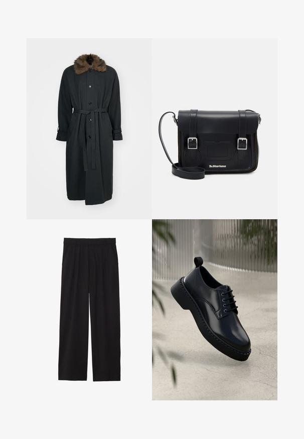 Palton lung negru cu guler de blană, având închidere cu buton frontal, talie cu curea și manșete răsucite. Fabricat dintr-un material neted.; Pachet de cinci tricouri negre cu guler rotund. Mâneci scurte, material din bumbac, croială standard. Textură netedă fără modele sau embellishments vizibile.; Pantaloni negri largi, cu un front plisat, buzunare laterale și o textură de țesătură netedă. Concepuți pentru o croială relaxată.; Pantof cu toc rotund din piele neagră, cu sistem de împletire, și o talpă groasă din cauciuc cu margine texturată. Finisaj elegant și hardware minim.; Geantă de umăr din piele neagră, cu catarame argintii, cusături galbene, curea ajustabilă și un buzunar frontal. Logo-ul mărcii este afișat pe partea din față.