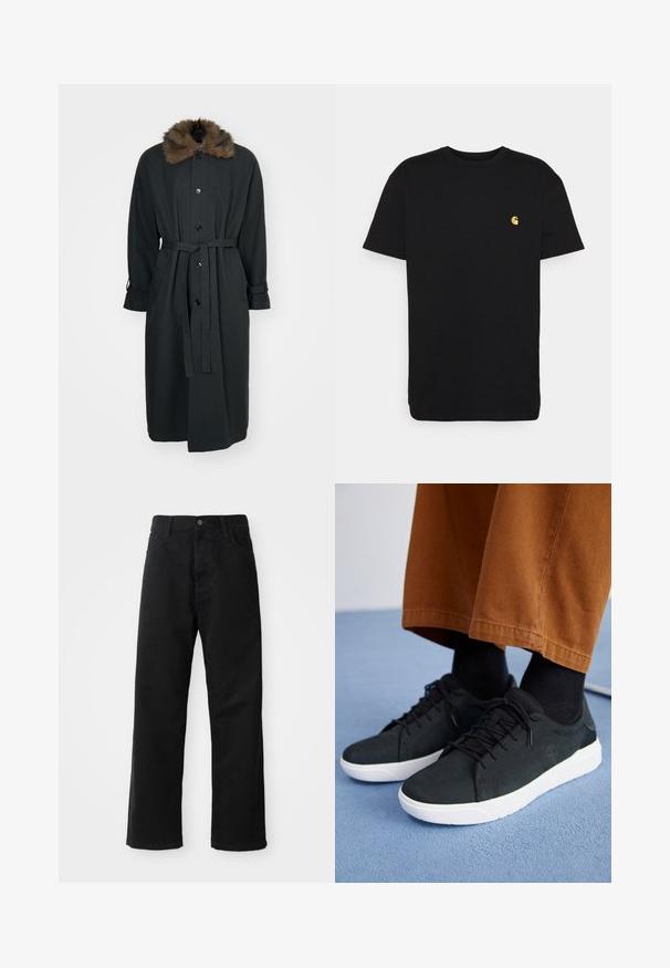 Lang sort frakke med pelskrave, med knaplukning fortil, bælte i taljen og ombukket ærmer. Lavet af et glat stof.; Sort bomulds t-shirt med korte ærmer, rund halsudskæring og et lille gult logo på venstre brystområde. Enkel design og almindelig pasform.; Sorte denimbukser med lige snit, der har frontlommer, lynlås og en enkelt knap i toppen. Struktureret stof med en mat finish.; Sorte ruskinds sneakers med hvide gummisulder, med snørebånd-design, teksturerede detaljer og diskret branding, parret med brune bukser.